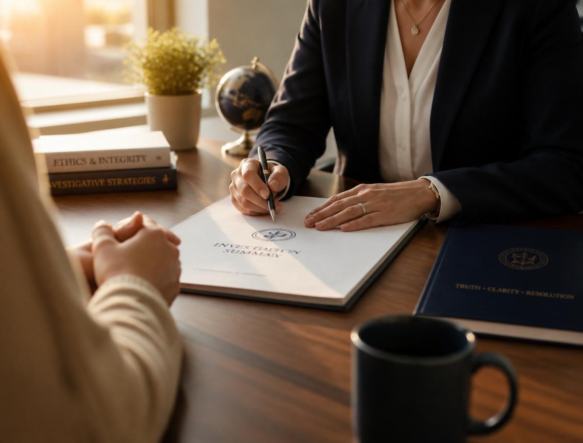 A warm, confidential conversation between an investigator and a client in a sunlit office